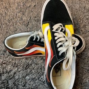 Flame Black Vans With White Trim
